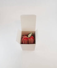 Load image into Gallery viewer, Handmade apple book ornament shown in gift box (gloss paper box complete with cream colored crinkled paper padding)
