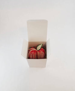 Handmade apple book ornament shown in gift box (gloss paper box complete with cream colored crinkled paper padding)